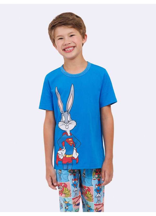 Veggi - Pijama Manga Curta com Calça Masculino Infantil Loney Tunes Azul