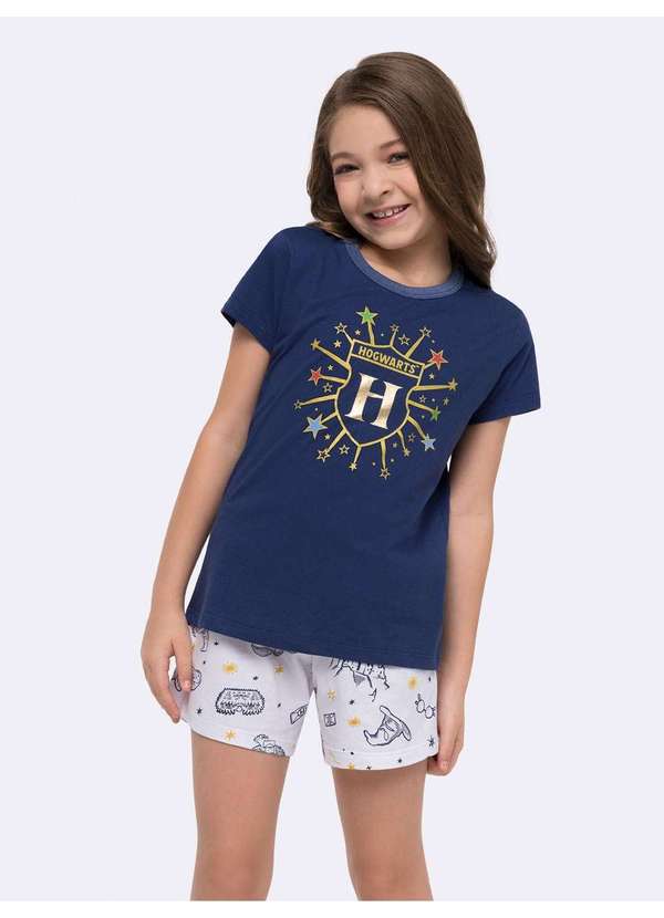 Veggi - Pijama Manga Curta Feminino Hogwarts Infantil com Estampa em Foil Azul 3