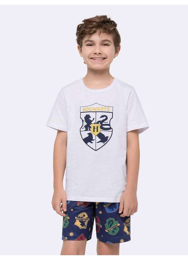 Veggi - Pijama Manga Curta Hogwarts Masculino Infantil com Estampa Metali Branco