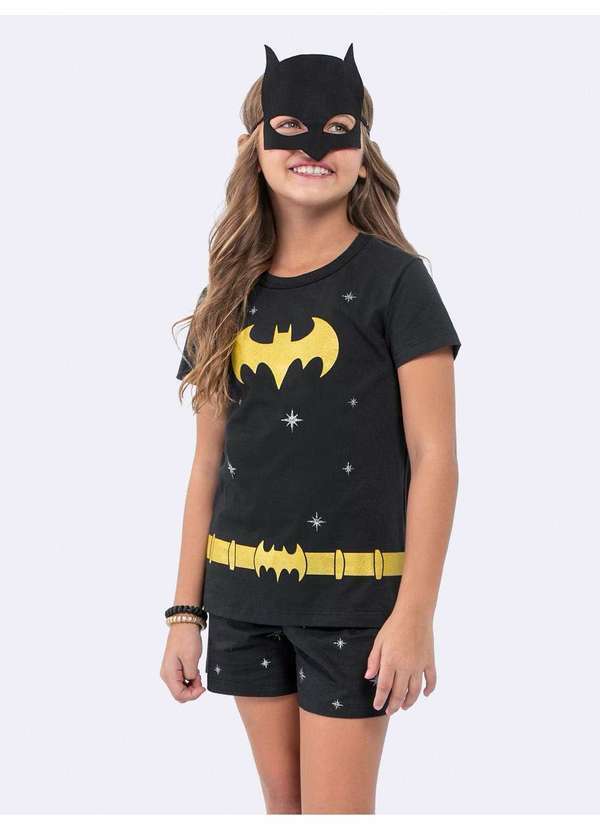 Veggi - Pijama Manga Curta Infantil Batgirl com Máscara e Glitter Preto