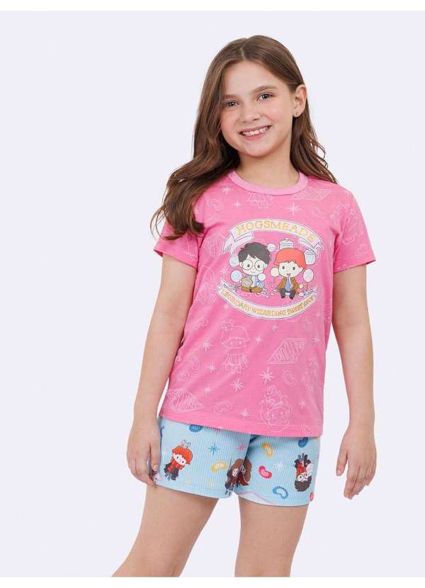 Veggi - Pijama Manga Curta Infantil Harry Potter Hogsmeade Rosa