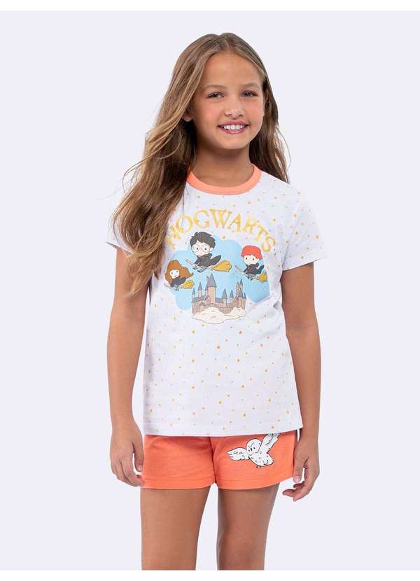 Veggi - Pijama Manga Curta Infantil Hogwarts Branco