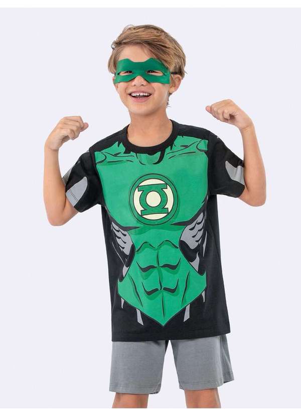 Veggi - Pijama Manga Curta Infantil Masculino Lanterna Verde Brilha no Es Preto