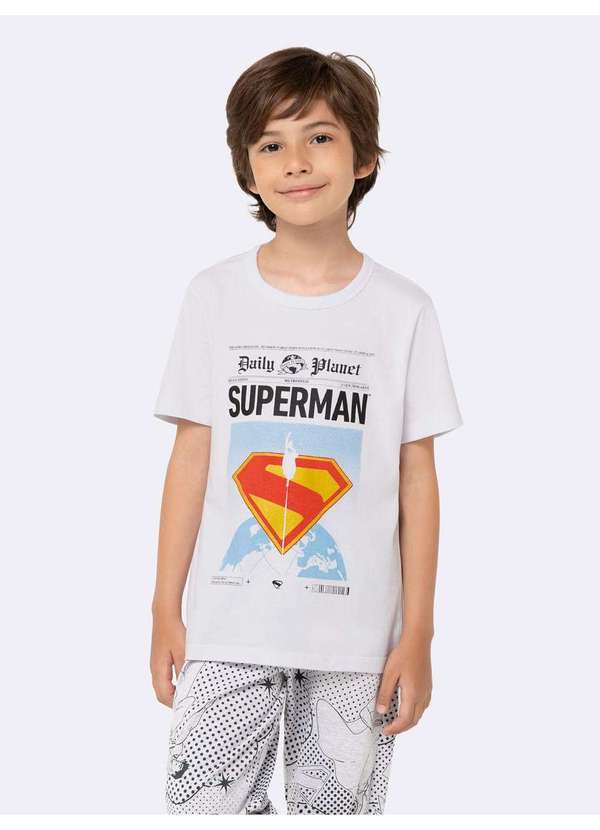 Veggi - Pijama Manga Curta Infantil Masculino Superman com Estampa Metali Branco