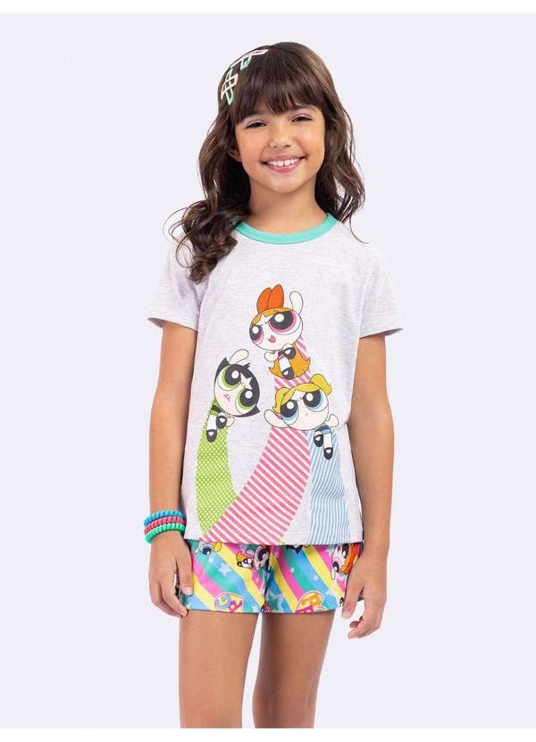 Veggi - Pijama Manga Curta Infantil Meninas Superpoderosas Mescla Cinza