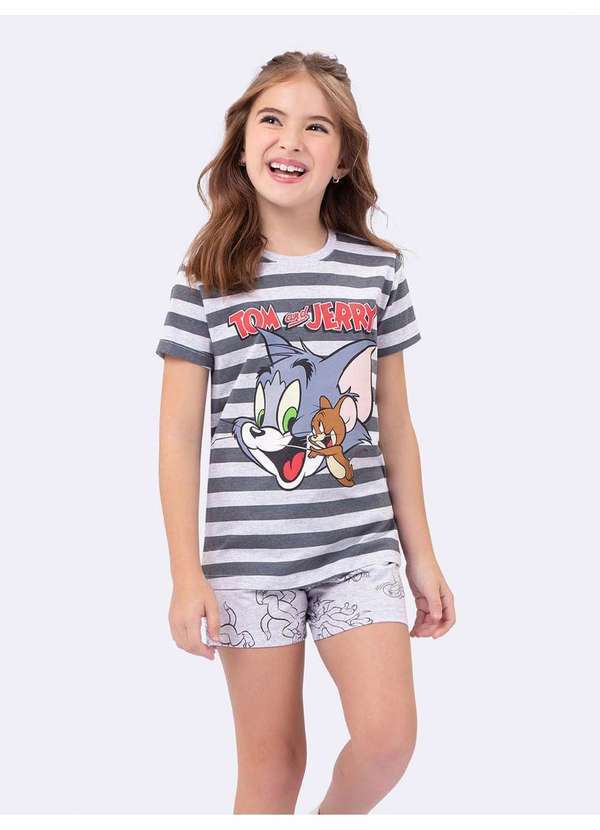 Veggi - Pijama Manga Curta Listrado Infantil Tom And Jerry Cinza