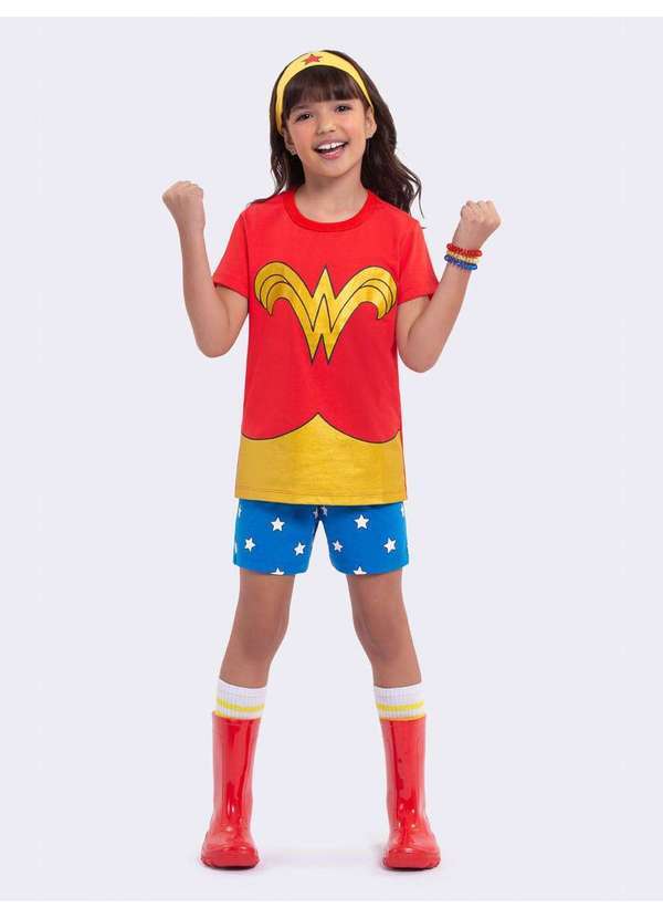 Veggi - Pijama Manga Curta Mulher Maravilha Brilha no Escuro com Tiara Vermelho
