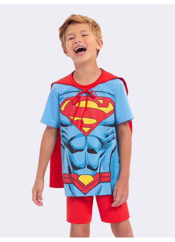 Veggi - Pijama Manga Curta Superman com Capa Azul