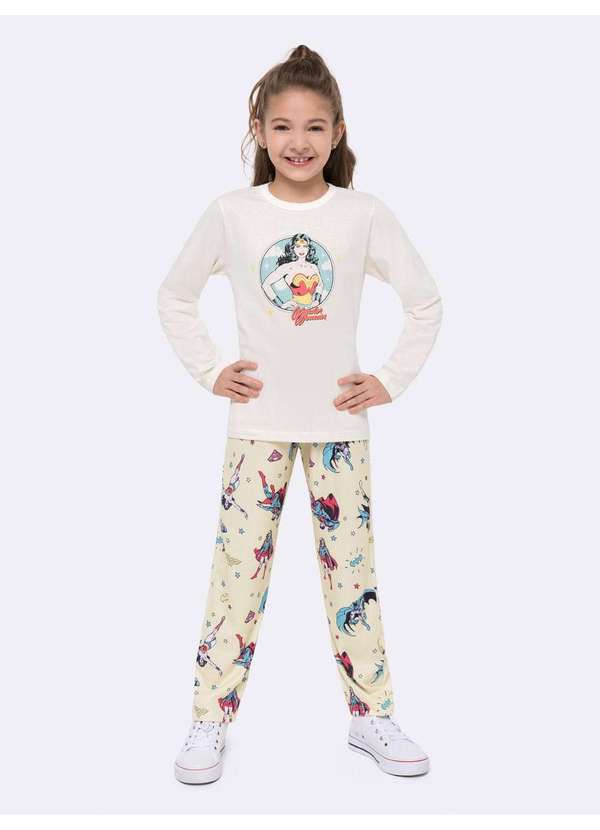 Veggi - Pijama Manga Longa Feminino Infantil Mulher-Maravilha Bege 2
