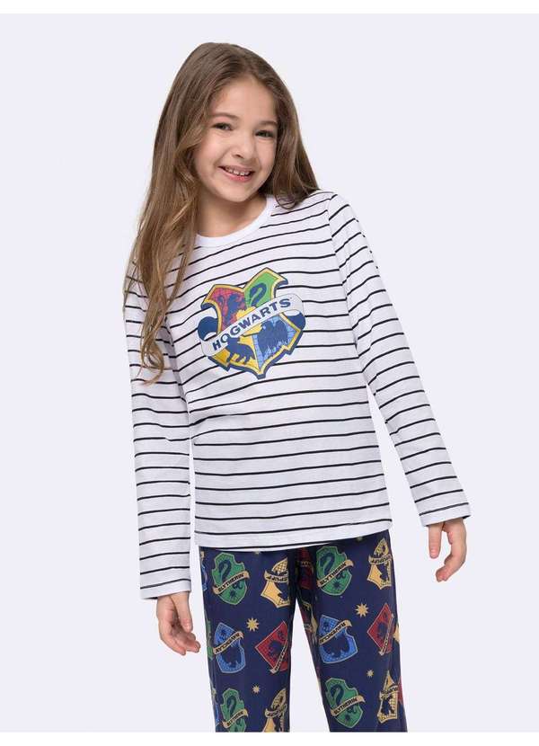 Veggi - Pijama Manga Longa Hogwarts Infantil com Estampa Metalizada Branco