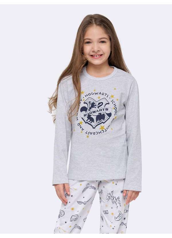 Veggi - Pijama Manga Longa Hogwarts Unissex Infantil Cinza