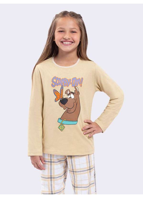 Veggi - Pijama Manga Longa Infantil Xadrez Scooby Bege