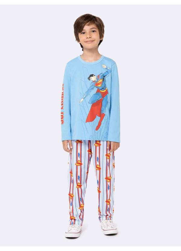 Veggi - Pijama Manga Longa Masculino Infantil Superman Azul Azul 2