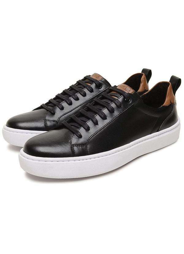 Manutt - Tênis Masculino em Couro Casual Sola Reta Recortes Elegante Preto