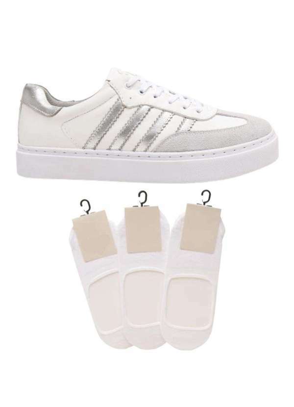 Berganno - Kit de Tênis Feminino com 4 Listras e Meias Super Invisíveis Branco+Branco