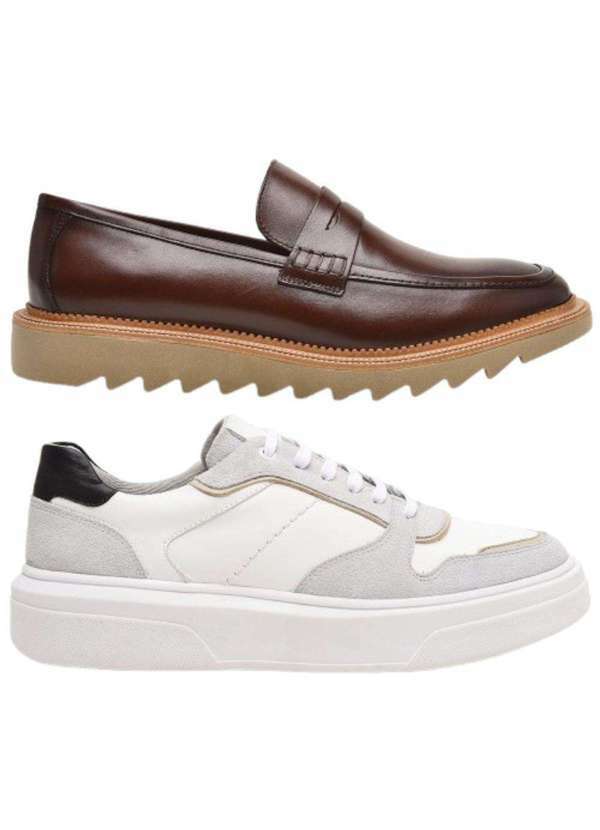Berganno - Kit Ideal Masculino para Uso Diário Mocassim e Tênis Casual Pinhão+Branco