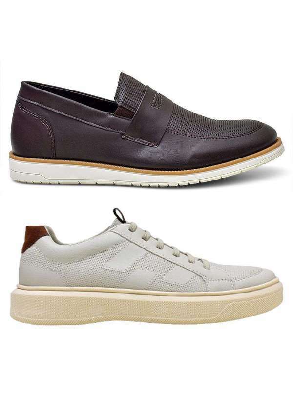 Bkarellus - Kit Mocassim Masculino e Sapatênis Casual Confortável Pinhão+Branco