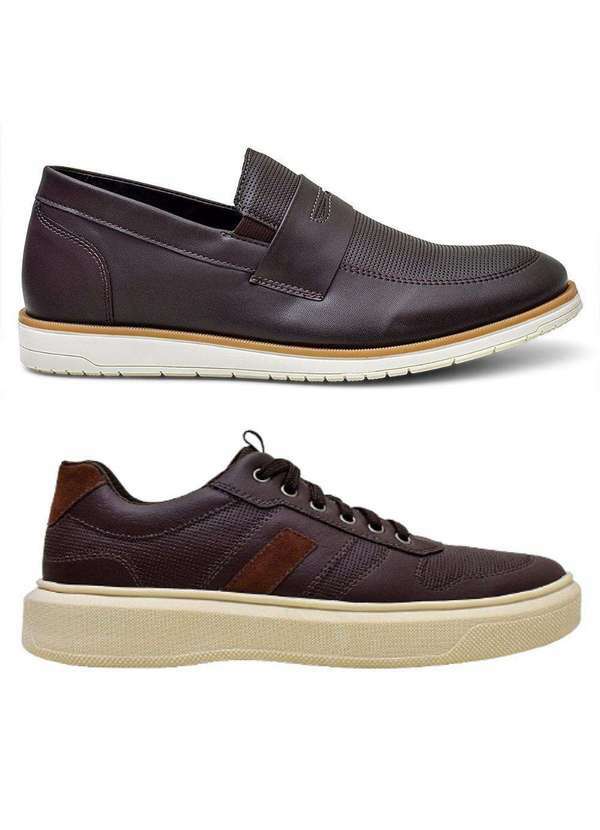 Bkarellus - Kit Mocassim Oxford e Sapatênis Masculino Confortável e Leve Pinhão+Pinhão