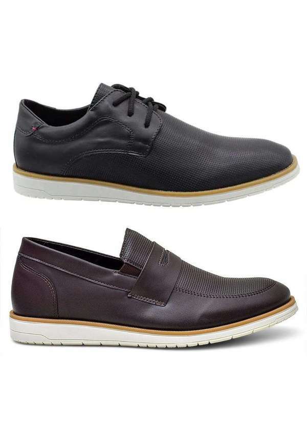 Bkarellus - Kit Sapato Oxford Masculino e Mocassim Casual Confortável Preto+Pinhão