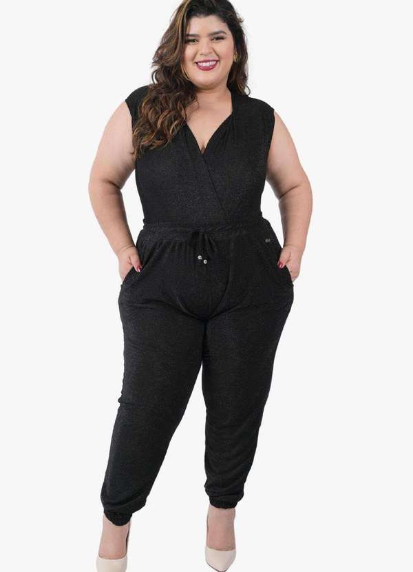 Looks Catwalk - Calça Jogger Feminina Brilho Luxo Lurex Plus Size - Preto Black