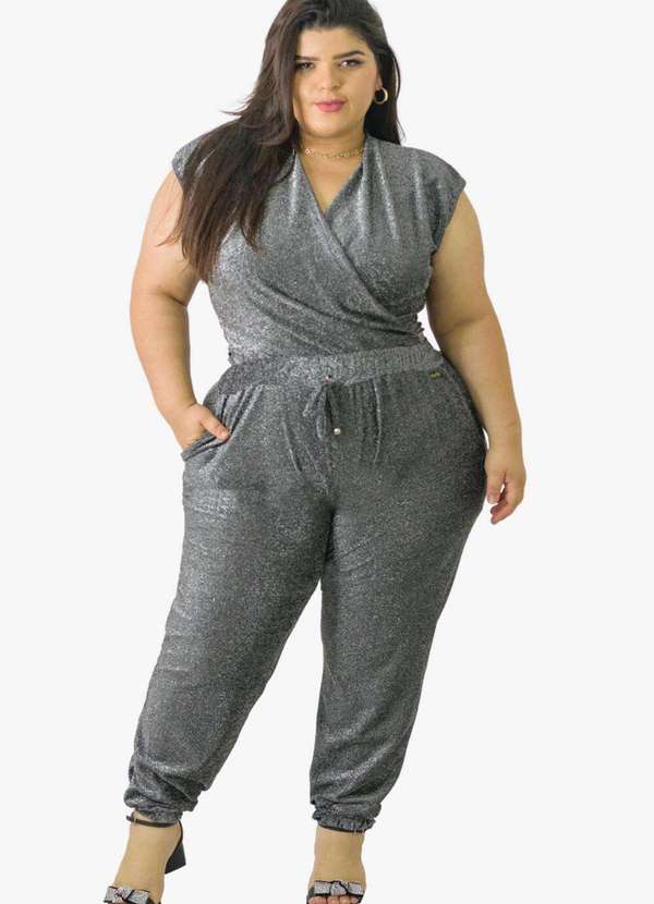 Calça Jogger Feminina Brilho Luxo Lurex Plus Size Preto com