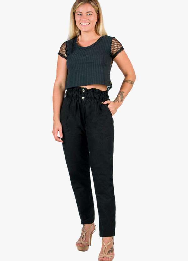 Looks Catwalk - Calça Cropped Feminina Sarja Cintura Alta Clochard com Bolso - Preto