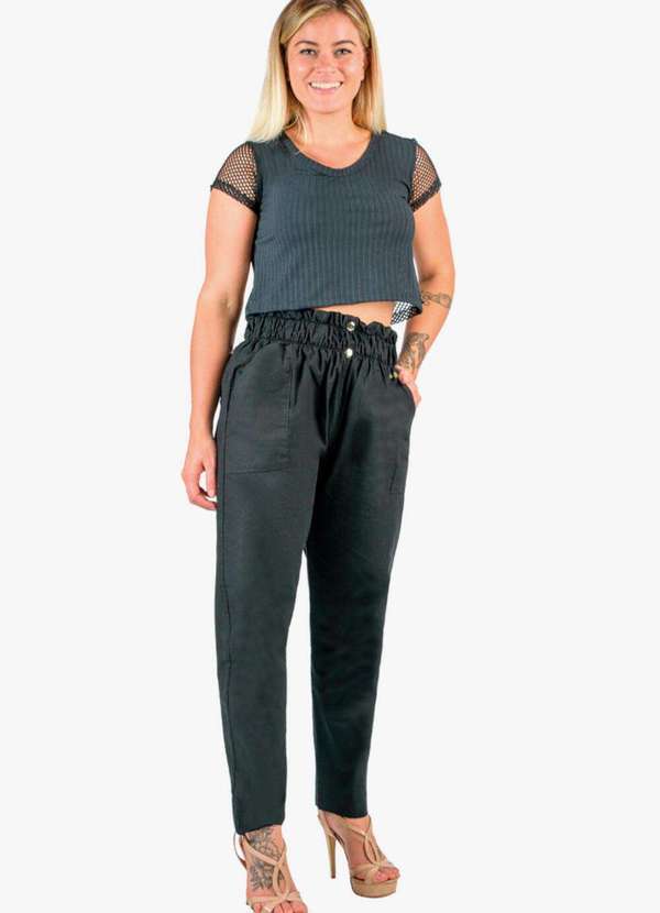 Looks Catwalk - Calça Cropped Feminina Sarja Cintura Alta Clochard com Bolso - Preto 2