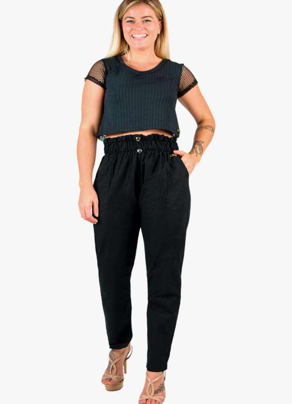 Looks Catwalk - Calça Cropped Feminina Sarja Cintura Alta Clochard com Bolso - Preto 4