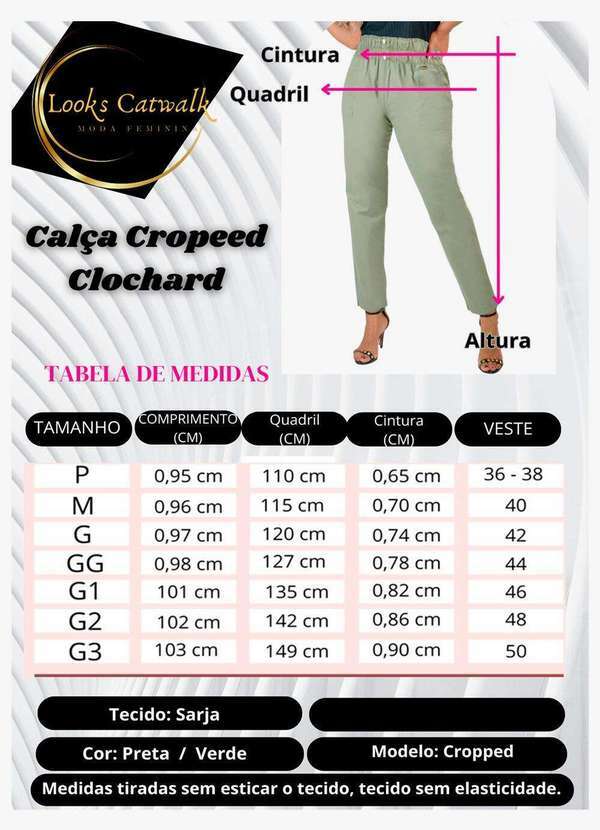 Looks Catwalk - Calça Cropped Feminina Sarja Cintura Alta Clochard com Bolso - Preto 6