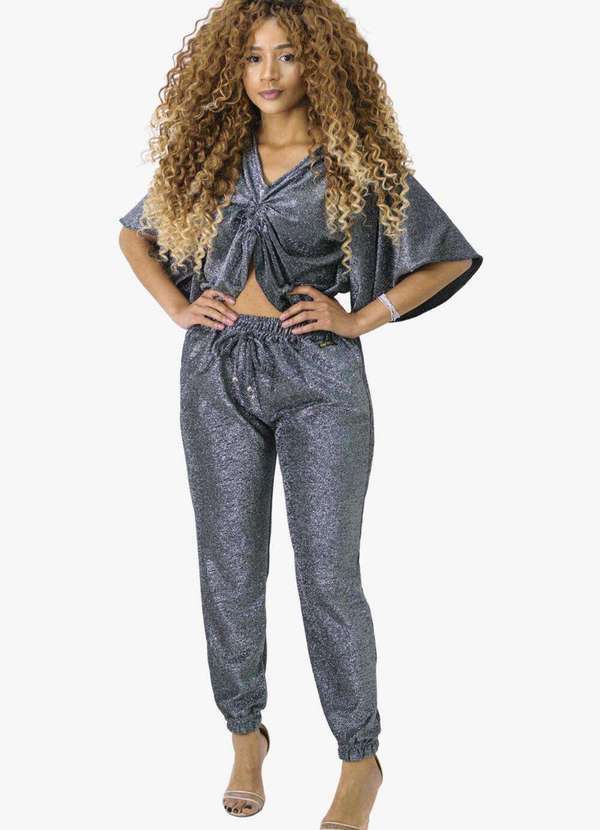 Looks Catwalk - Calça Jogger Feminina Brilho Luxo Lurex do P Ao Plus Size - Preto com Prata