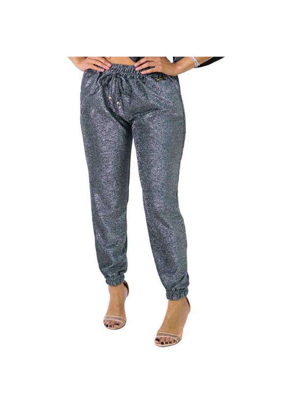 Looks Catwalk - Calça Jogger Feminina Brilho Luxo Lurex do P Ao Plus Size - Preto com Prata