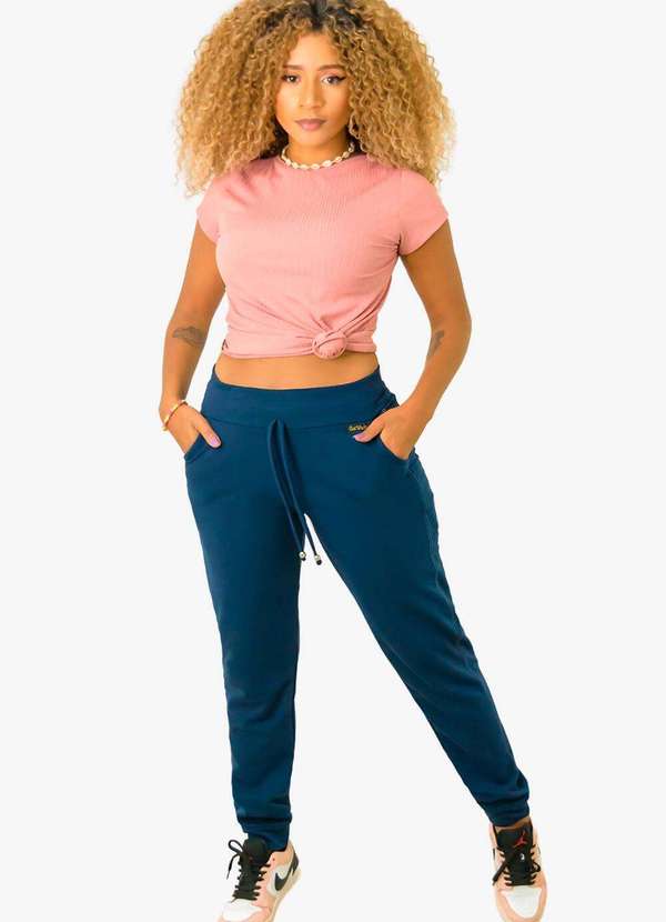 Looks Catwalk - Calça Jogger Moletinho Faixa Feminina com Bolso Quentinha - Azul