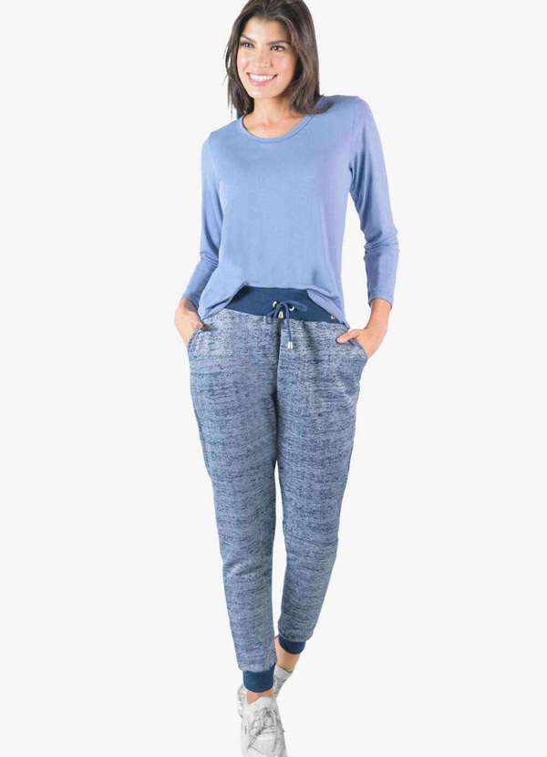 Looks Catwalk - Calça Jogger Moletinho Rajado Feminina com Bolso Cós Médio - Azul
