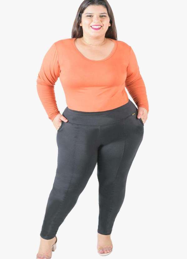 Looks Catwalk - Calça Leg Montaria Térmica Grossa Feminina Bolso Plus Size - Preta