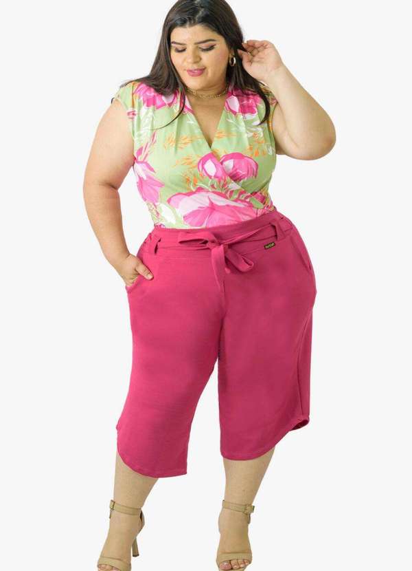 Looks Catwalk - Calça Pantacourt Cinto Laço Bolso Moda Feminina Plus Size - Pink
