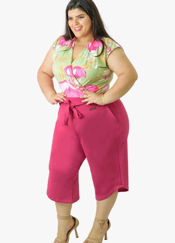 Looks Catwalk - Calça Pantacourt Cinto Laço Bolso Moda Feminina Plus Size - Pink 2