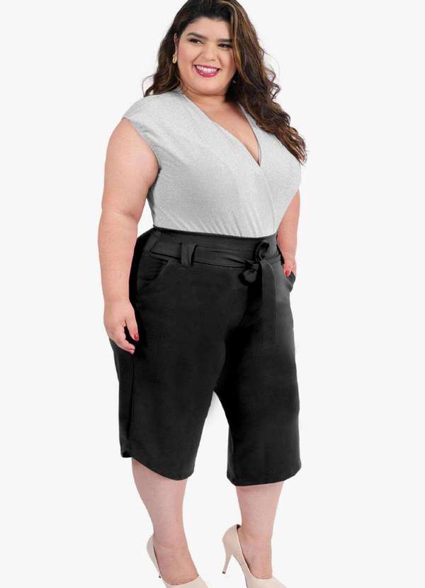 Looks Catwalk - Calça Pantacourt Cinto Laço Bolso Moda Feminina Plus Size - Preto 2