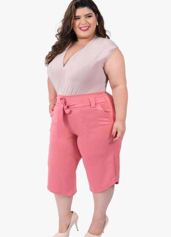 Looks Catwalk - Calça Pantacourt Cinto Laço Bolso Moda Feminina Plus Size - Rose 3
