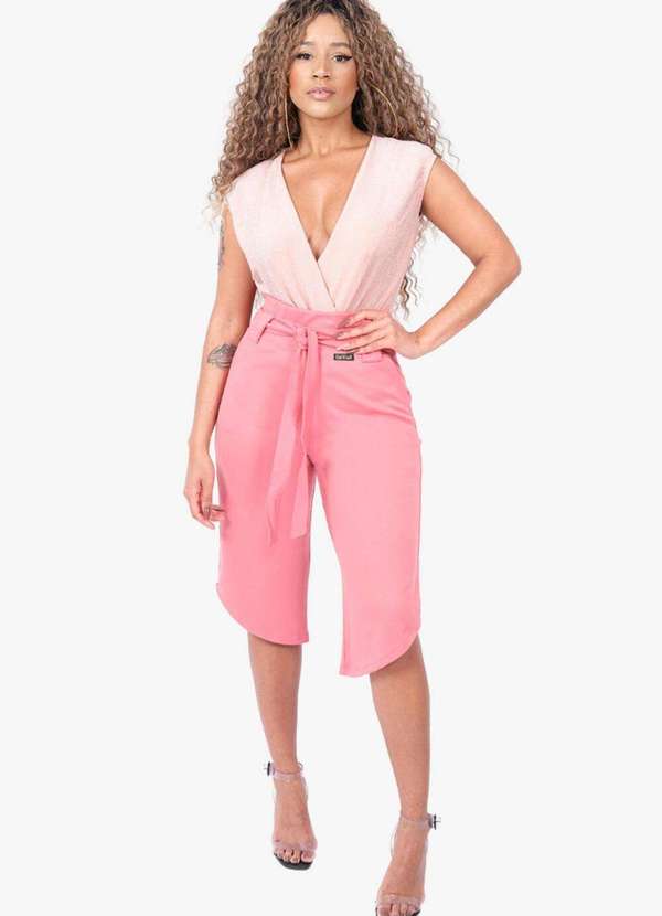 Looks Catwalk - Calça Pantacourt Cinto Laço Bolso Moda Feminina - Rose