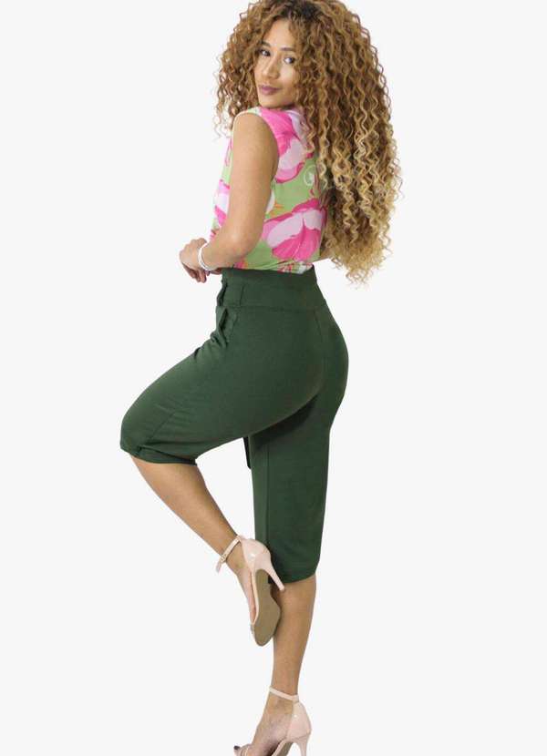 Looks Catwalk - Calça Pantacourt Cinto Laço Bolso Moda Feminina - Verde 2