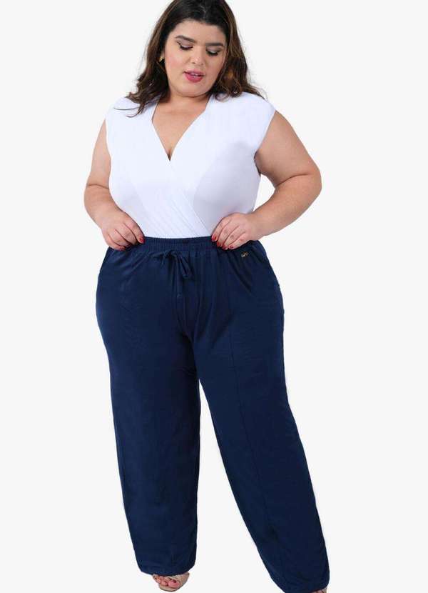 Looks Catwalk - Calça Pantalona Recorte com Bolso Moda Feminina Viscolycra Plus - Marinho