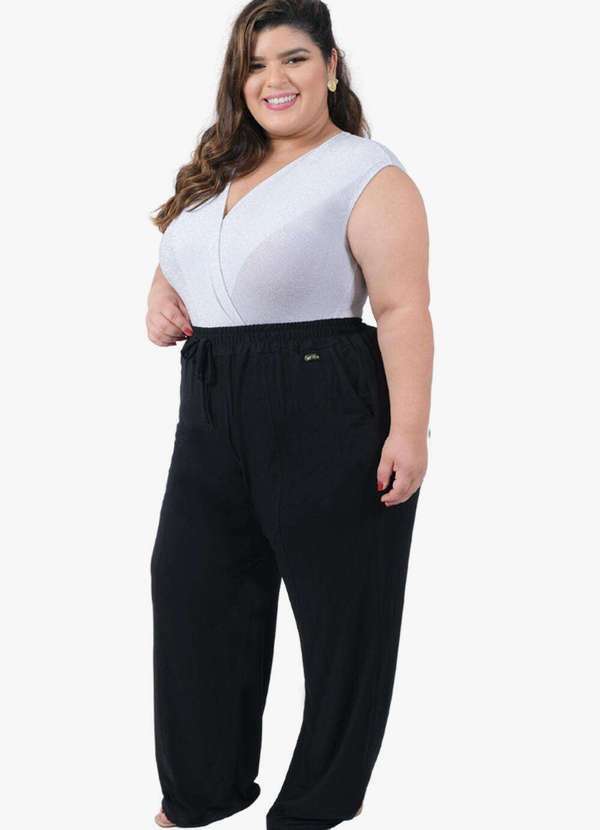 Looks Catwalk - Calça Pantalona Recorte com Bolso Moda Feminina Viscolycra Plus - Preto 3