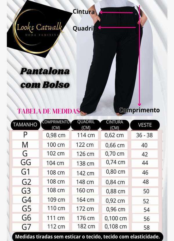 Looks Catwalk - Calça Pantalona Recorte com Bolso Moda Feminina Viscolycra Plus - Preto 4