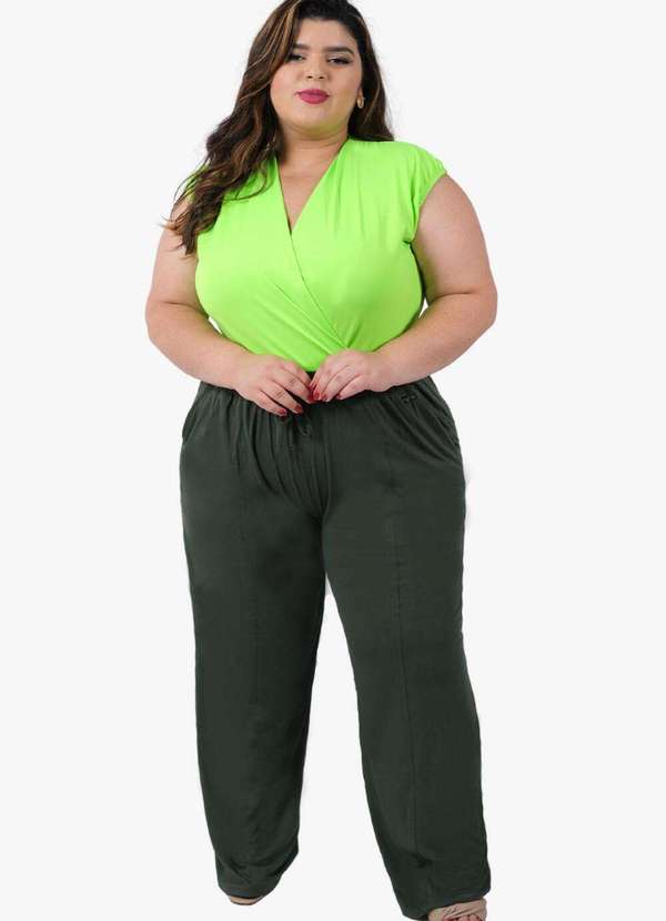 Looks Catwalk - Calça Pantalona Recorte com Bolso Moda Feminina Viscolycra Plus - Verde