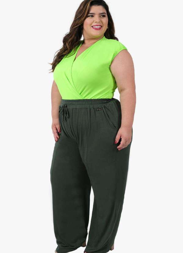 Looks Catwalk - Calça Pantalona Recorte com Bolso Moda Feminina Viscolycra Plus - Verde 3