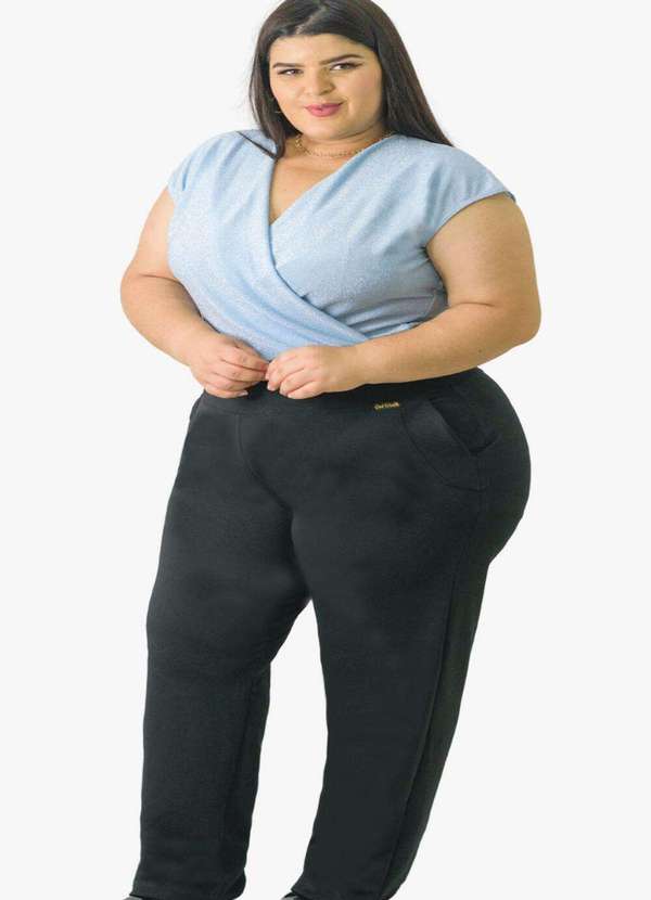 Looks Catwalk - Calça Reta Feminina Estilo Social Cintura Média Plus Size - Preto 2
