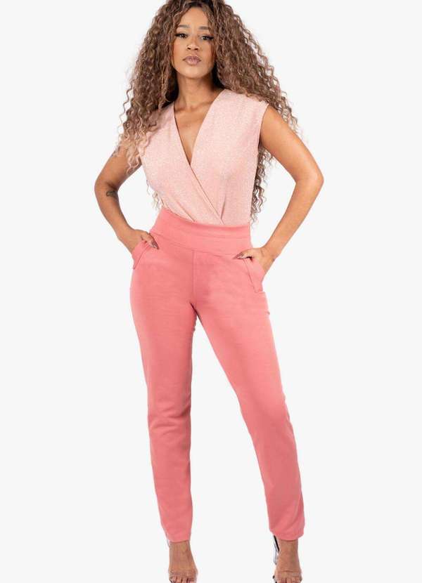 Looks Catwalk - Calça Reta Feminina Estilo Social Cintura Média Plus Size - Rose