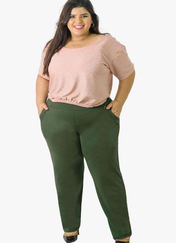 Looks Catwalk - Calça Reta Feminina Estilo Social Cintura Média Plus Size - Verde