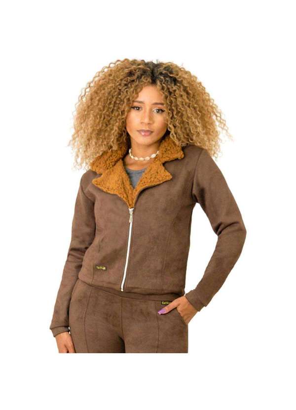 Looks Catwalk - Jaqueta Feminina Gola com Pelo Casaco Suede - Marrom