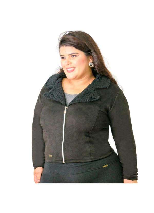 Looks Catwalk - Jaqueta Feminina Gola com Pelo Casaco Suede - Preto 2